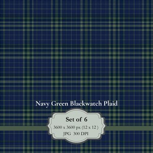 May include: A digital graphic featuring a navy blue and dark green Blackwatch plaid pattern. Centered is a light grey decorative label containing the text: Navy Green Blackwatch Plaid, Set of 6, 3600 x 3600 px (12 x 12), JPG 300 DPI.