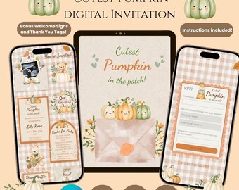 Schattigste pompoen in de pompoenentuin babyshower digitale uitnodiging / websitesjabloon