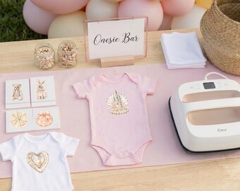 Mother of Pearl Baby Shower Activities and Keepsakes | Elegant Onesie Bar Heat Transfers