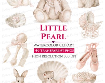 Aquarel clipart van kleine parels - 46 transparante PNG-bestanden om digitaal te downloaden.