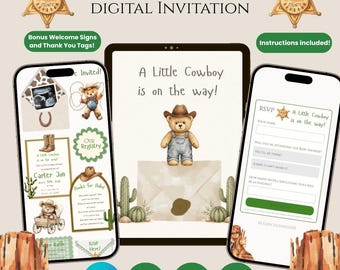 Digitale uitnodiging/websitesjabloon voor een babyshower met cowboythema
