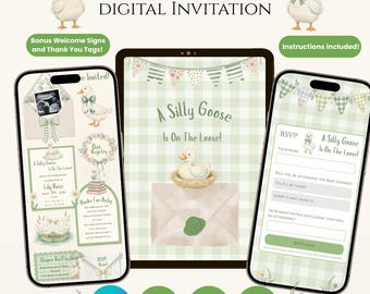 Digitale uitnodiging/websitesjabloon voor een babyshower met een grappig gansje