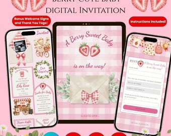 Sjabloon voor uitnodiging voor een babyshower met aardbeien: Aardbeien oogst design (digitale download)