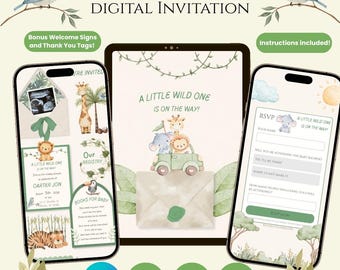 Digitale uitnodiging/websitesjabloon voor een babyshower met safari-thema
