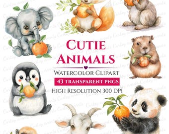 Schattige dieren - 43 kleine beestjes met sinaasappels (transparante PNG-bestanden, digitaal te downloaden)