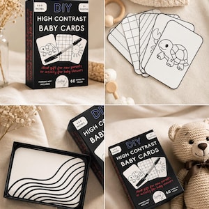 May include: A black box labeled DIY High Contrast Baby Cards containing 60 cards measuring 4x6 inches. The cards feature black and white line drawings of a turtle, sun, and geometric patterns. The set includes a black marker for coloring.
