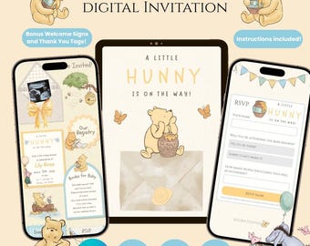 Digitale uitnodigingssjabloon voor een babyshower met Winnie de Poeh-thema: Vintage honingthema (digitale download)