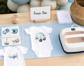 On the Move Baby Shower Activities and Keepsakes | Cars, Trains, & Planes Onesie Bar DIY Heat Transfers