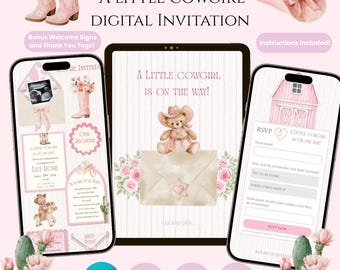 Digitale uitnodiging/websitesjabloon voor een babyshower met het thema "Een kleine cowgirl is onderweg"
