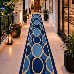 Blue Geometric Runner Rug, Modern Hallway Rug, Long Corridor Runner, Contemporary Entryway Carpet, Kitchen Runner Rug, Luxury Home Decor