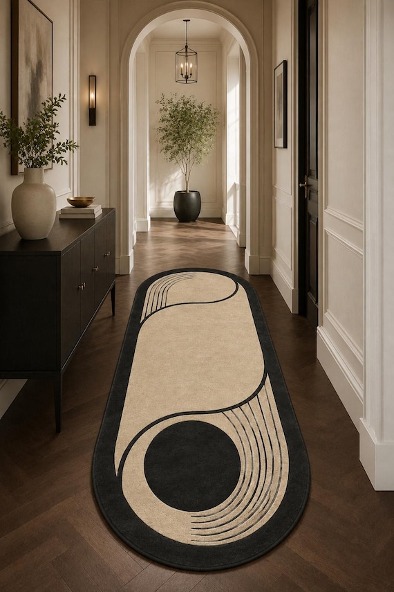 Abstrakter Flur Teppich, Beige Schwarzer Wollteppich, Handgetufteter Teppich, Abstrakter Flur Teppich