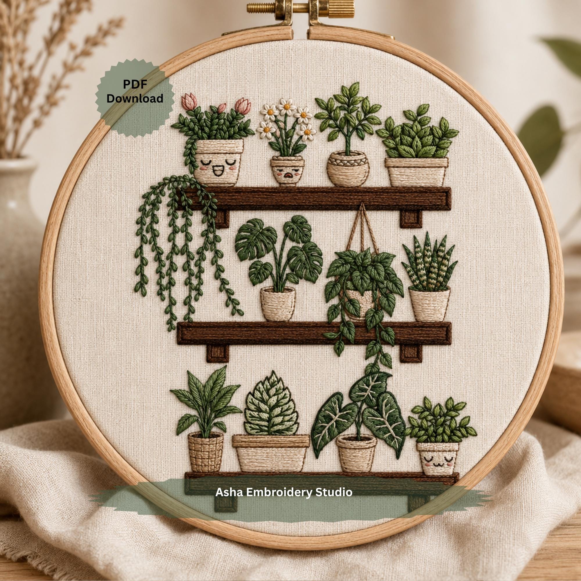 Houseplant Shelf Hand Embroidery Design | Trailing & Hanging Plants ...