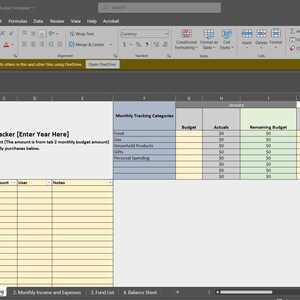 Peut inclure: Capture d'écran d'une feuille de calcul intitulée "Daily Budget Tracker" avec des sections pour le suivi mensuel du budget, des chiffres réels et du budget restant. Les catégories incluent la nourriture, l'essence et les dépenses personnelles. La feuille de calcul est ouverte dans un logiciel.