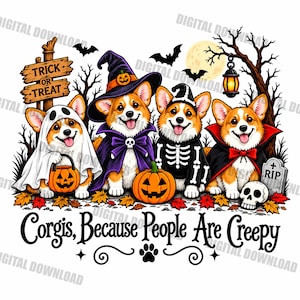 Può includere: Un'illustrazione digitale con quattro cani Corgi in costumi di Halloween, tra cui un fantasma, una strega, uno scheletro e un vampiro. Il testo recita Corgis, Because People Are Creepy, con zucche, un cartello, una lapide e una lanterna.