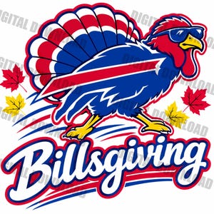 Puede incluir: Una ilustración gráfica de un pavo con gafas de sol, con un esquema de colores rojo, blanco y azul y hojas de arce. El pavo tiene la cabeza roja y el cuerpo azul, con el texto "Billsgiving" escrito en una fuente cursiva azul debajo.