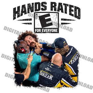 May include: A graphic design featuring the text HANDS RATED E FOR EVERYONE above a scene of four individuals in a physical altercation. The individuals wear racing-style jackets with Zeigler branding, and one person wears red headphones.