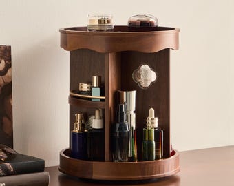 Rotating Wooden Cosmetic Storage | Makeup, Skincare & Toiletries Organizer | Perfume Display Shelf with Multi-Layer