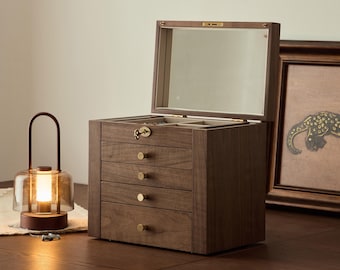 Solid Walnut Jewelry Box with Mirror, 4 Drawers, Necklace Hooks, Ring Organizer