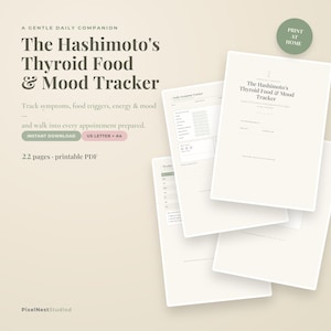 May include: A 22-page printable PDF titled The Hashimoto's Thyroid Food & Mood Tracker. The document includes sections for daily symptom tracking, food triggers, energy, and mood. It is designed for US Letter and A4 paper sizes for home printing.