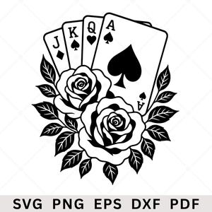 May include: A black and white graphic illustration featuring a fan of four playing cards showing the Jack of diamonds, King of spades, Queen of hearts, and Ace of spades, layered behind two blooming roses with detailed leaves and stems.