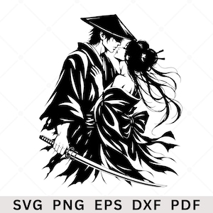 Könnte beinhalten: Eine schwarz-weiße digitale Illustration einer Person mit konischem Hut und Kimono, die eng neben einer anderen Person mit langem, fließendem Haar in einem Kimono steht und ein Katana hält. Der Text SVG PNG EPS DXF PDF steht unten.