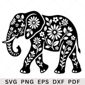 Pode incluir: Ilustração a preto e branco de um elefante decorado com padrões florais. O elefante está a andar, com a tromba enrolada. A imagem inclui o texto "SVG PNG EPS DXF PDF" na parte inferior.