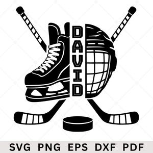 Può includere: Un design grafico in bianco e nero con un pattino da hockey a sinistra e un casco da hockey a destra, separati dal testo verticale DAVID. Due bastoni da hockey incrociati sono posizionati dietro l'attrezzatura, con un disco da hockey sotto.