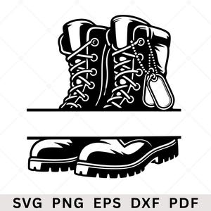 Militärstövlar Delat namn SVG, PNG, arméstövelmonogram Cut-fil, stridsstövlar, hundetiketter, veteran T-shirtdesign, 4 juli, Cricut-filer