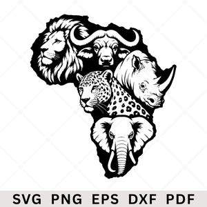 Afrika karta Big Five SVG, PNG, afrikansk safari klippfil, lejon elefant noshörning, afrikanskt djurliv, safaridjur, safari T-shirt design, Cricut