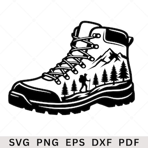 May include: A black and white graphic illustration of a hiking boot featuring a detailed outdoor scene. The design includes a silhouette of a hiker with a backpack and walking stick, surrounded by pine trees and mountain peaks on the side panel.