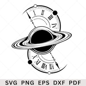 May include: A black and white graphic design featuring a central planet with rings, positioned between two partial clock faces displaying Roman numerals. The design includes thin clock hands and small circular accents, presented as a digital file.