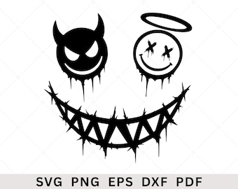 May include: A black graphic design featuring a devil face with horns on the left and an angel face with a halo and x-shaped eyes on the right, both with dripping effects, positioned above a wide, jagged, barbed wire-style smiling mouth.