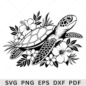 May include: A black and white graphic illustration of a sea turtle surrounded by hibiscus flowers and tropical leaves. The design features clean lines and high contrast, showcasing the turtle's patterned shell and flippers amidst the floral arrangement.