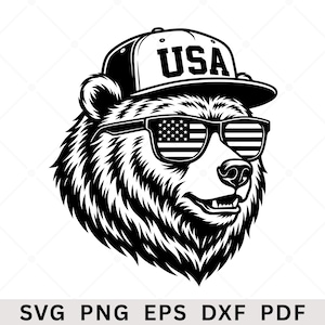 Può includere: Illustrazione in bianco e nero di una testa di orso con occhiali da sole con un design a bandiera americana e un berretto da baseball con la scritta "USA". L'orso ha una pelliccia dettagliata e un'espressione sorridente.
