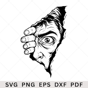 Puede incluir: Una ilustración gráfica en blanco y negro que muestra una mano apartando una superficie rasgada para revelar un rostro con los ojos muy abiertos mirando a través de la abertura. El diseño utiliza líneas de tinta de alto contraste.