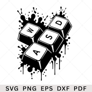 Puede incluir: Una ilustración gráfica en blanco y negro que presenta tres teclas de teclado de computadora etiquetadas con las letras W, A, S y D, dispuestas sobre un diseño dinámico de salpicaduras de tinta negra. Las teclas tienen un estilo audaz.