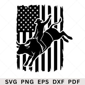 May include: Black and white silhouette of a rodeo cowboy riding a bucking bull against a backdrop of the American flag. The cowboy is wearing a hat and has one arm raised. The bull is mid-jump.