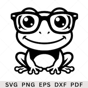 May include: A black and white graphic illustration of a frog wearing thick-rimmed glasses. The frog has large, round eyes, a wide smiling mouth, and is depicted in a seated position. Below the frog, the text reads SVG PNG EPS DXF PDF.