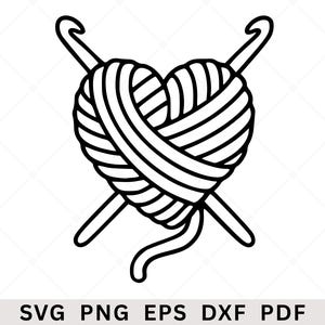 Könnte beinhalten: Schwarz-weiße Illustration eines herzförmigen Garnknäuels mit zwei Häkelnadeln, die sich dahinter kreuzen. Das Bild ist ein Grafikdesign, ideal für Bastelprojekte. Der Text unten lautet "SVG PNG EPS DXF PDF".