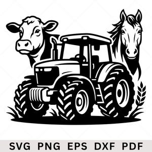 May include: Black and white illustration of a tractor with a cow and horse. The tractor has large tires and is surrounded by grass. The image includes the text "SVG PNG EPS DXF PDF".