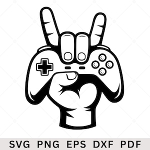 Può includere: Un'illustrazione grafica in bianco e nero di una mano che impugna un controller per videogiochi. La mano fa un gesto rock and roll con l'indice e il mignolo rivolti verso l'alto. Il testo SVG PNG EPS DXF PDF appare in basso.
