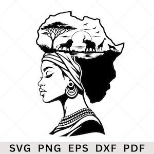 May include: A black and white digital illustration featuring the profile of a person wearing a headwrap and beaded necklace. The hair area is shaped like the African continent, containing a savanna landscape with a lion, elephant, and giraffe.