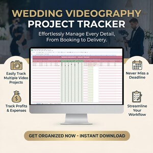 以下が含まれることがあります： 「Wedding Videography Project Tracker」というタイトルのスプレッドシートが表示されたコンピューターモニター。画像には「Easily Track Multiple Video Projects」、「Track Profits & Expenses」、「Never Miss a Deadline」、「Streamline Your Workflow」というテキストが含まれています。