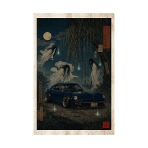 JDM S30Z 240Z Ukiyo-e Style Poster, Japanese Vintage Car Wall Art, Midnight Blue Fairlady Z Ghost Story Print, Retro Yokai Art Canvas