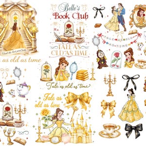 Könnte beinhalten: Eine Sammlung von Illustrationen zum Thema Die Schöne und das Biest mit Belle im gelben Kleid, der verzauberten Rose unter einer Glasglocke, einem Schloss, Büchern, Teetassen, einem Kandelaber, einer Uhr und goldenen Schleifen mit dem Text Belle's Book Club und Tale as old as time.