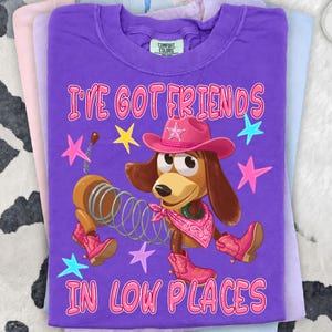 May include: A purple t-shirt featuring a graphic of a brown dachshund with a metal spring body, wearing a pink cowboy hat and pink cowboy boots with a pink bandana. The text reads I'VE GOT FRIENDS IN LOW PLACES surrounded by colorful stars.