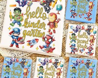 May include: A white fabric square featuring cartoon superheroes including Hulk, Iron Man, Spider-Man, Black Panther, and Captain America, surrounded by school supplies like pencils, globes, and books, with the yellow text hello kindergarten.