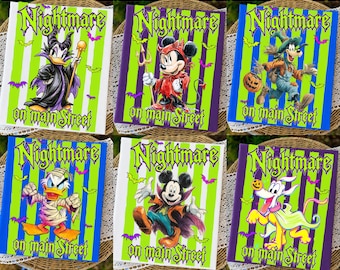 May include: Six rectangular signs featuring Disney characters in Halloween costumes against striped backgrounds. Each sign displays the text Nightmare on Main Street in a green dripping font, surrounded by small purple and green bat illustrations.