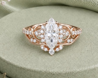 Verlobungsring-Set mit Moissanit im Marquise-Schliff, einzigartiges Brautring-Set aus Roségold, Diamantcluster-Hochzeitsring-Set