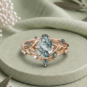 Vintage oval cut green moss agate engagement ring white gold art deco cluster leaf nature inspired anniversary wedding ring set women